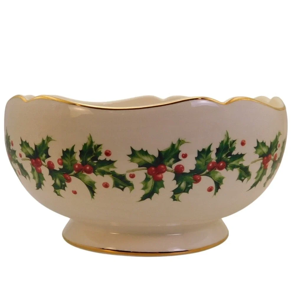 Vintage Lenox Teleflora Christmas Bowl Holly Scalloped With Gold Trim 75th Anniv